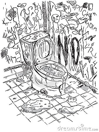Dirty disgusting toilet interior with scribbled walls and stained floors. Vector Illustration